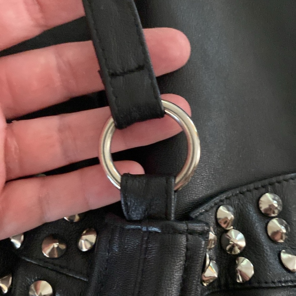 Studded Strapless Black Leather Mini Dress - Picture 13 of 16